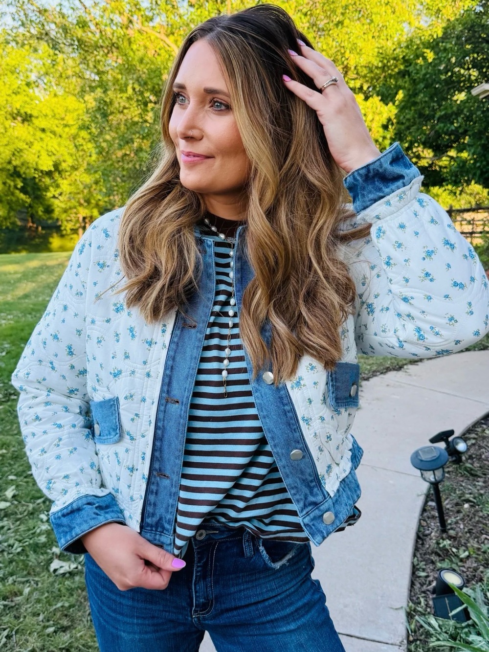 Quilted Floral Denim-Trim Jacket - White/Blue